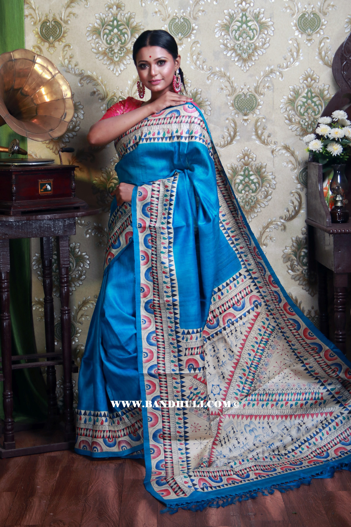 Sky Blue Madhubani Painted Tussar Saree
